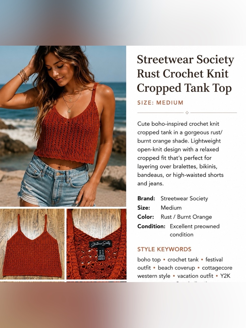Streetwear Society Rust Crochet Knit Cropped Tank Top Medium
